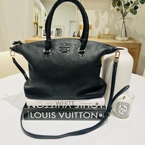 Tory Burch Taylor Black Leather Satchel with Braided Handles & Adjustable Strap